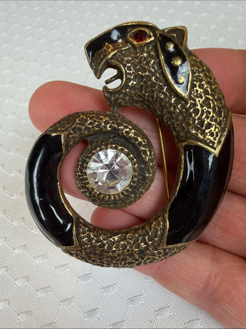 Vintage CORO Brass tone PANTHER Serpent Black Enamel Glass Crystal pin
